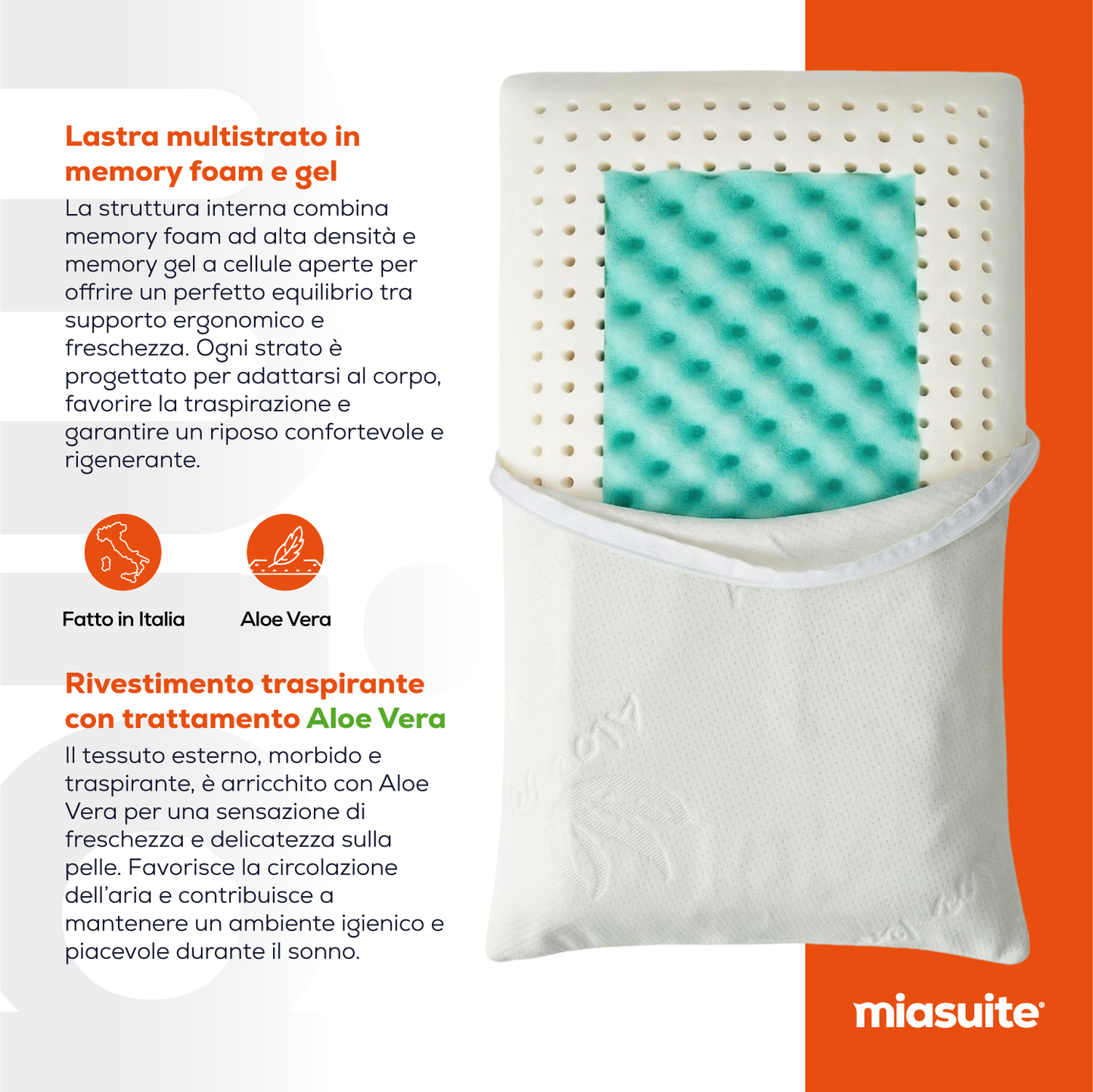 Cuscino memory e gel 80x35 alto 13 cm rivestito in Aloe Vera. Cake